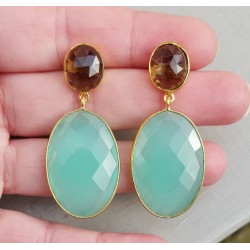Vergulde oorbellen ovale Chalcedoon en Smokey Topaas