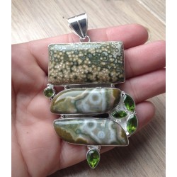 Zilveren edelsteen hanger met Peridot en Oceaan Jaspis