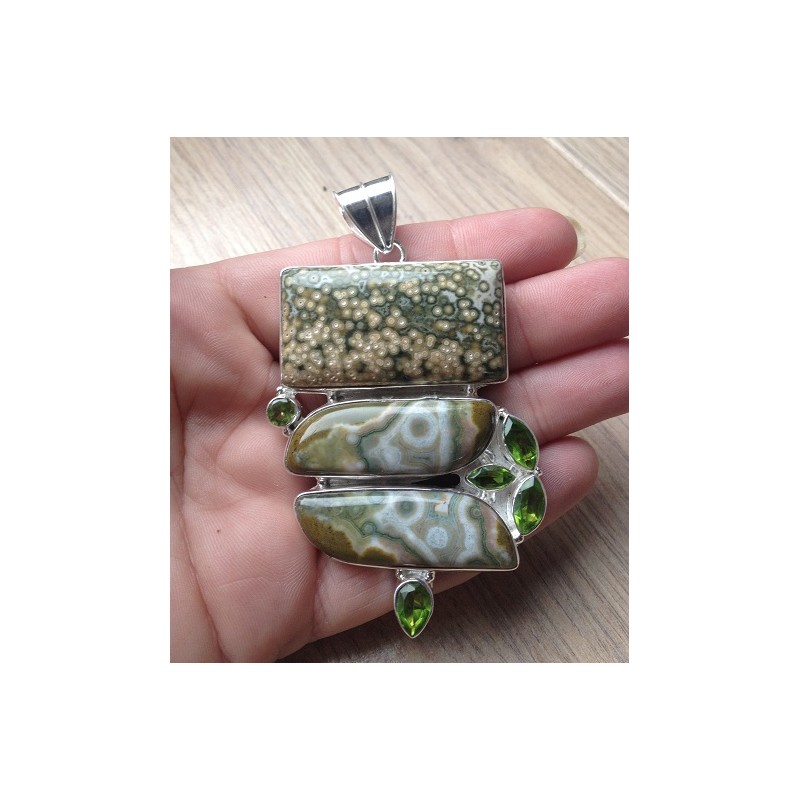 Zilveren edelsteen hanger met Peridot en Oceaan Jaspis