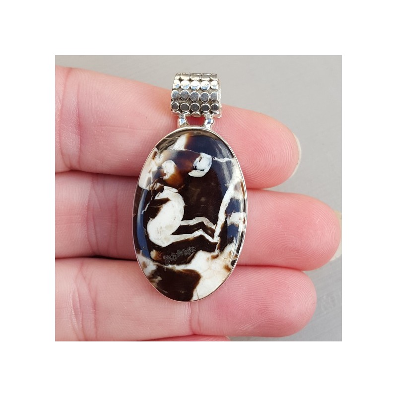 Zilveren hanger ovale cabochon Peanut wood Jaspis