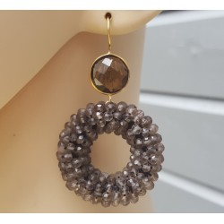 Vergulde oorbellen ronde Smokey Topaas en ring van Smokey Topaze