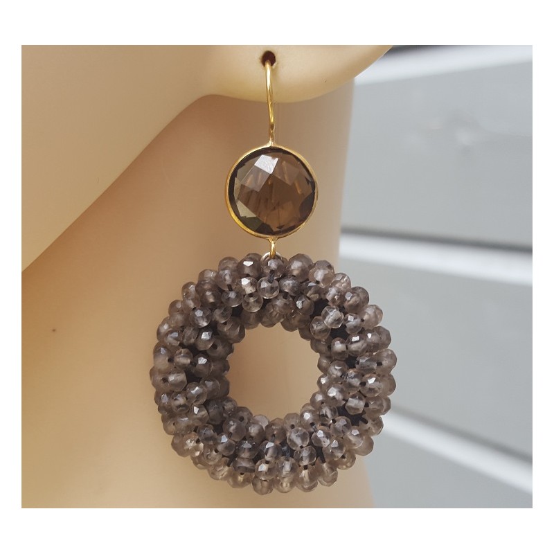 Vergulde oorbellen ronde Smokey Topaas en ring van Smokey Topaze