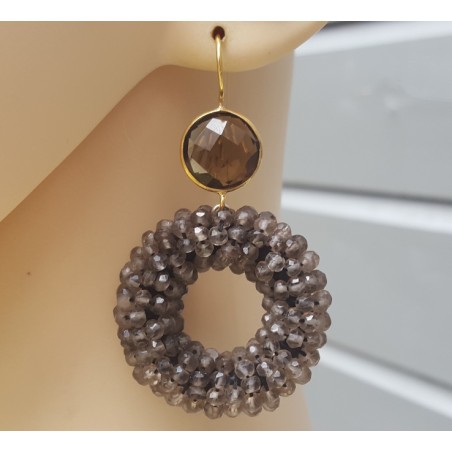 Vergulde oorbellen ronde Smokey Topaas en ring van Smokey Topaze