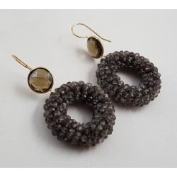 Vergulde oorbellen ronde Smokey Topaas en ring van Smokey Topaze