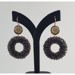 Vergulde oorbellen ronde Smokey Topaas en ring van Smokey Topaze