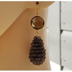 Vergulde oorbellen ronde Smokey en druppel van Smokey Topazen