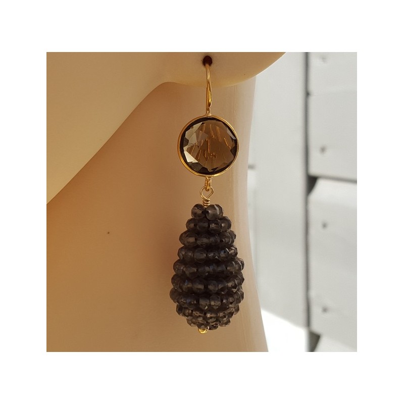 Vergulde oorbellen ronde Smokey en druppel van Smokey Topazen