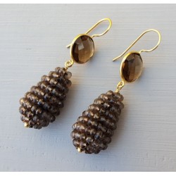 Vergulde oorbellen ronde Smokey en druppel van Smokey Topazen