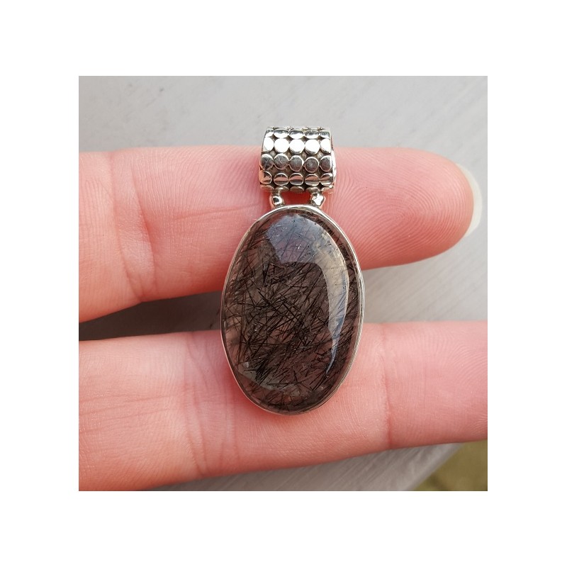 Zilveren edelsteenhanger ovale cabochon Toermalijnkwarts