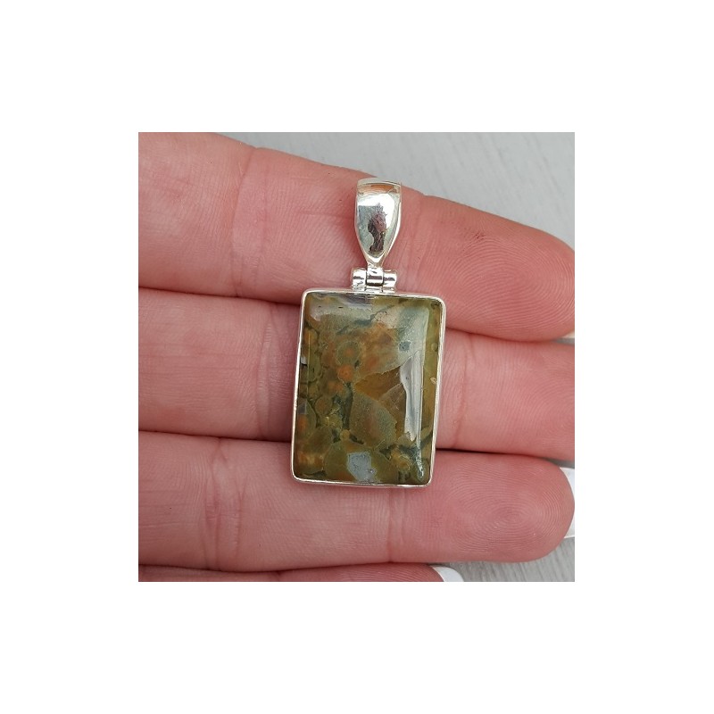 Zilveren hanger rechthoekige cabochon regenwoud Jaspis