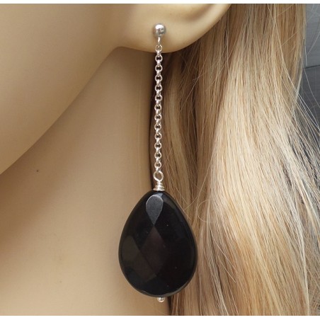 Zilveren oorbellen met grote facet zwarte Onyx briolet
