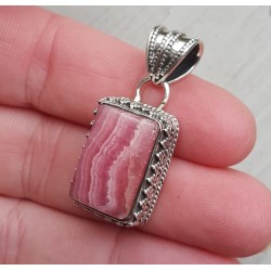 Zilveren hanger rechthoekige Rhodochrosiet in bewerkte setting