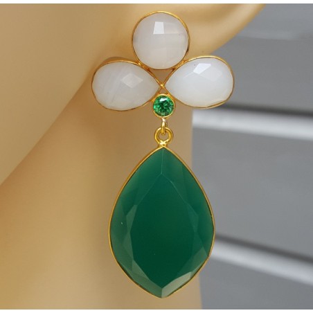 Vergulde oorbellen wit Chalcedoon, groene Onyx en groene quartz
