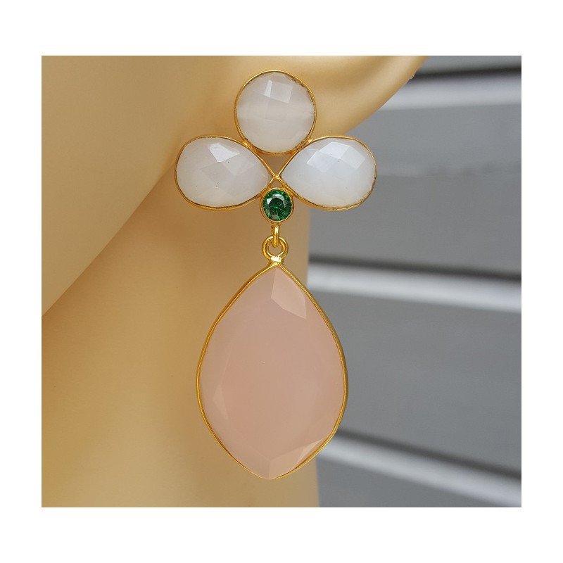 Vergulde oorbellen met wit en roze Chalcedoon en groene quartz