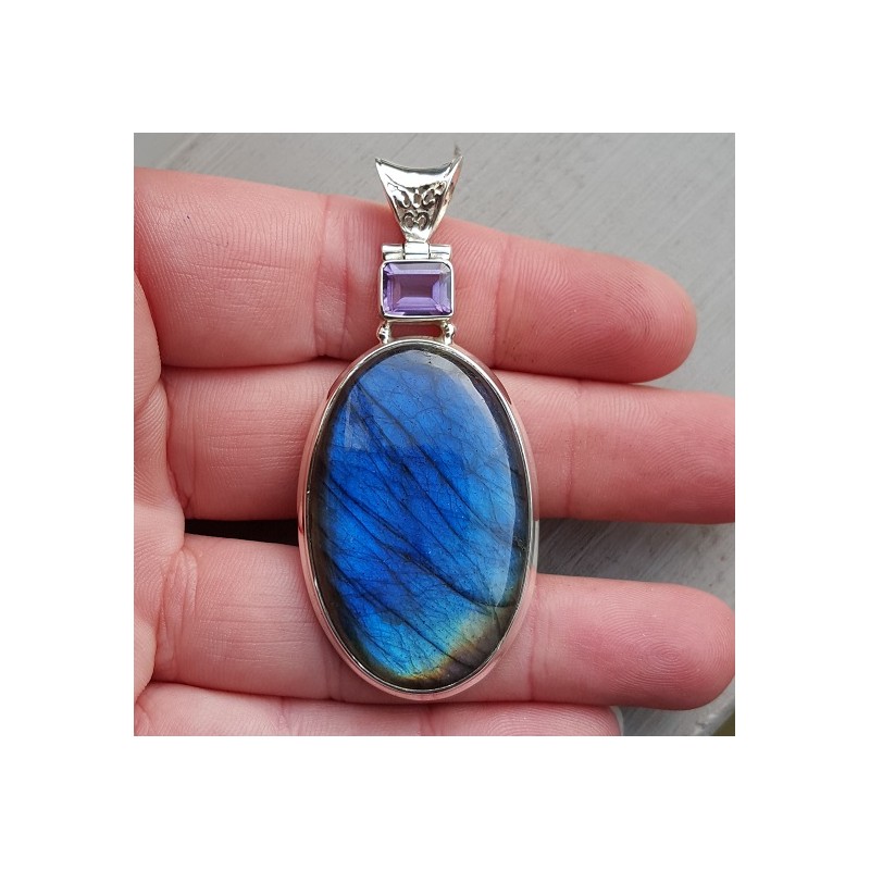 Zilveren hanger ovale cabochon Labradoriet en facet Amethist
