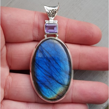 Zilveren hanger ovale cabochon Labradoriet en facet Amethist