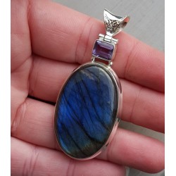 Zilveren hanger ovale cabochon Labradoriet en facet Amethist