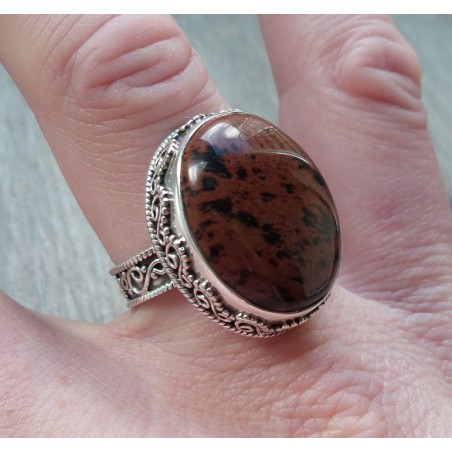 Zilveren ring met mahonie Obsidiaan in bewerkte setting 19 mm