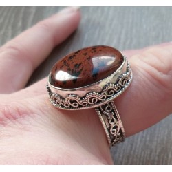 Zilveren ring met mahonie Obsidiaan in bewerkte setting 19 mm