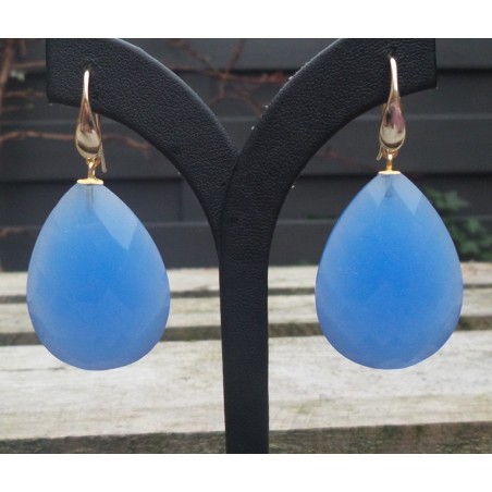 Vergulde oorbellen met grote facet blauwe Chalcedoon