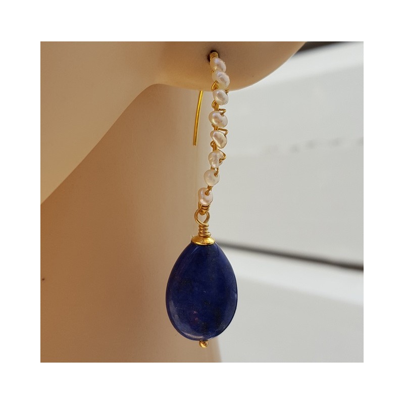 Vergulde oorbellen met Lapis Lazuli en zoetwater Pareltjes