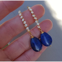 Vergulde oorbellen met Lapis Lazuli en zoetwater Pareltjes