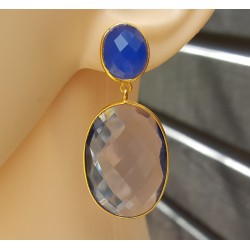 Vergulde oorbellen met Ioliet quartz en blauw Chalcedoon