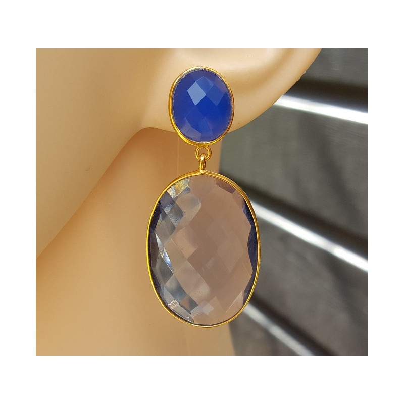 Vergulde oorbellen met Ioliet quartz en blauw Chalcedoon