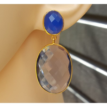 Vergulde oorbellen met Ioliet quartz en blauw Chalcedoon