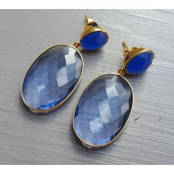 Vergulde oorbellen met Ioliet quartz en blauw Chalcedoon