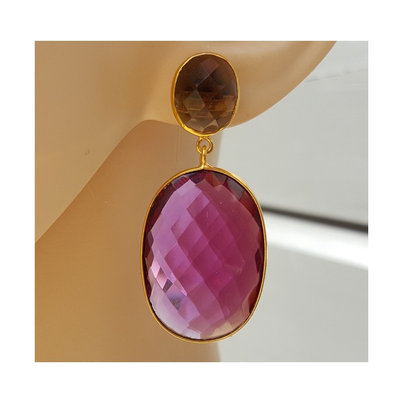 Vergulde oorbellen met Honey Topaas en roze Toermalijn quartz