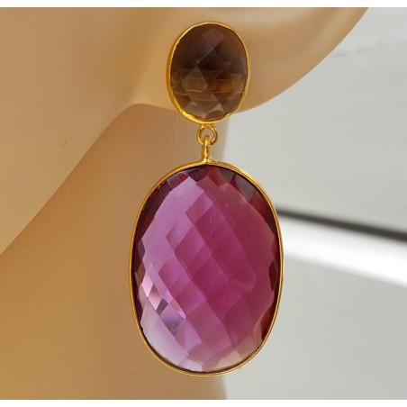 Vergulde oorbellen met Honey Topaas en roze Toermalijn quartz