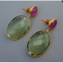 Vergulde oorbellen roze Toermalijn quartz en groene Amethist qua