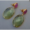Vergulde oorbellen roze Toermalijn quartz en groene Amethist qua