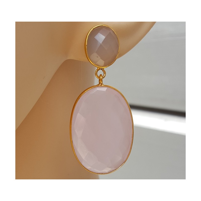 Vergulde oorbellen met grijze Chalcedoon en roze Chalcedoon