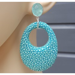 Oorbellen aqua Chalcedoon en hanger Turkoois blauw Roggenleer