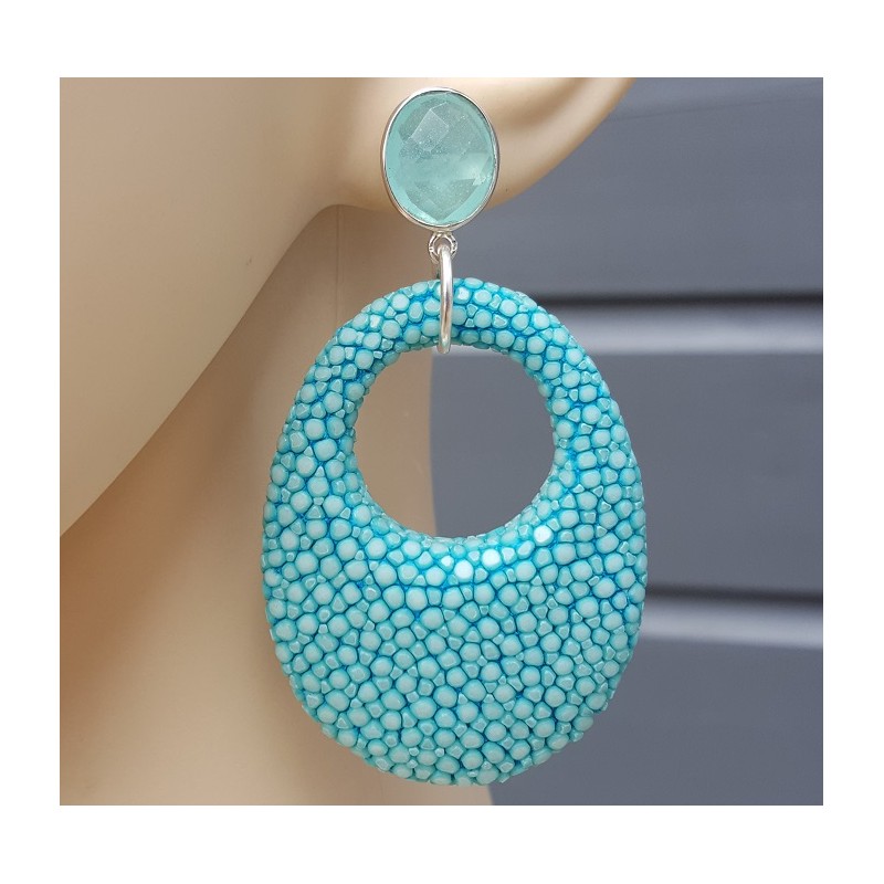 Oorbellen aqua Chalcedoon en hanger Turkoois blauw Roggenleer