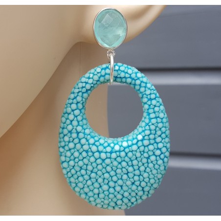Oorbellen aqua Chalcedoon en hanger Turkoois blauw Roggenleer