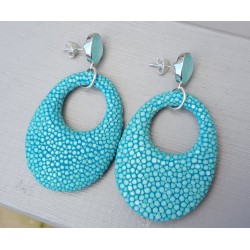 Oorbellen aqua Chalcedoon en hanger Turkoois blauw Roggenleer