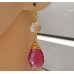 Vergulde oorbellen met roze Toermalijn quartz en Bergkristal