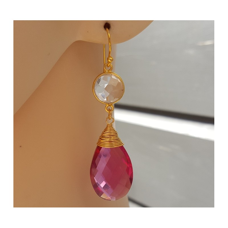 Vergulde oorbellen met roze Toermalijn quartz en Bergkristal