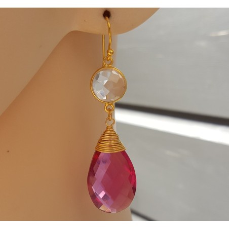 Vergulde oorbellen met roze Toermalijn quartz en Bergkristal