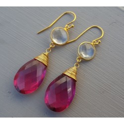 Vergulde oorbellen met roze Toermalijn quartz en Bergkristal