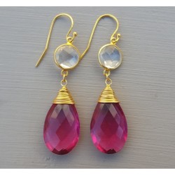 Vergulde oorbellen met roze Toermalijn quartz en Bergkristal