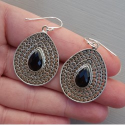 Zilveren oorbellen met druppelvormige facet zwarte Onyx Large