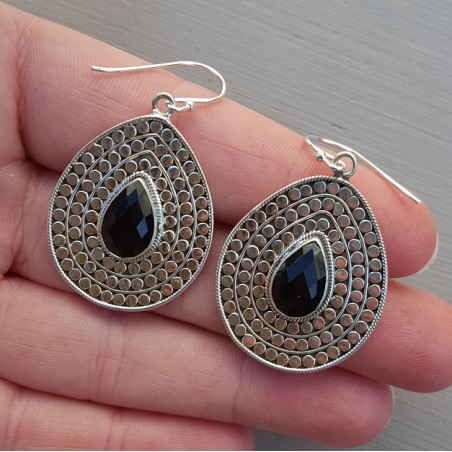 Zilveren oorbellen met druppelvormige facet zwarte Onyx Large