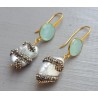 Vergulde oorbellen met aqua Chalcedoon en Parel met kristallen