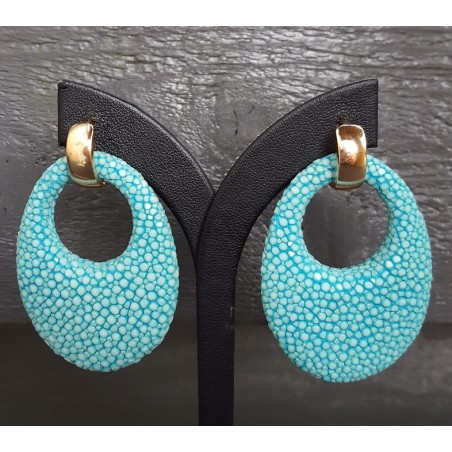 Vergulde creolen ovale hanger van Turkoois blauw Roggenleer