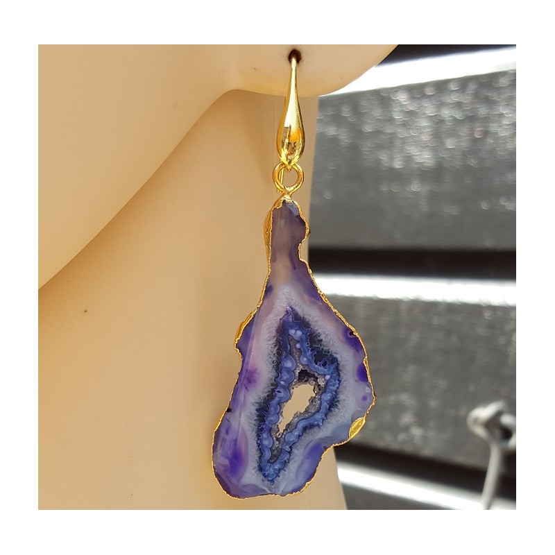 Vergulde oorbellen met paars / blauwe druzy Agaat