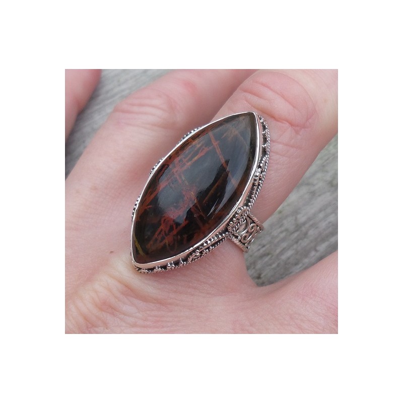 Zilveren ring marquise Pilbara Jaspis en bewerkte setting 18 mm